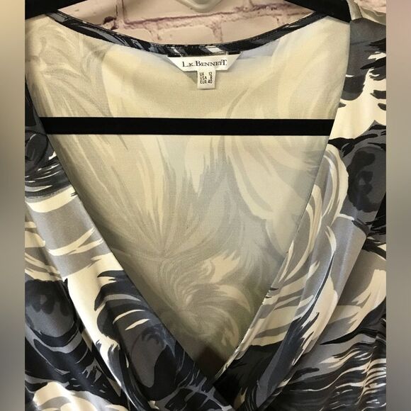LK Bennett Black Gray White Silk Tea Midi Wrap Top Dress Cottagecore Size 8 (US) - Picture 4 of 11